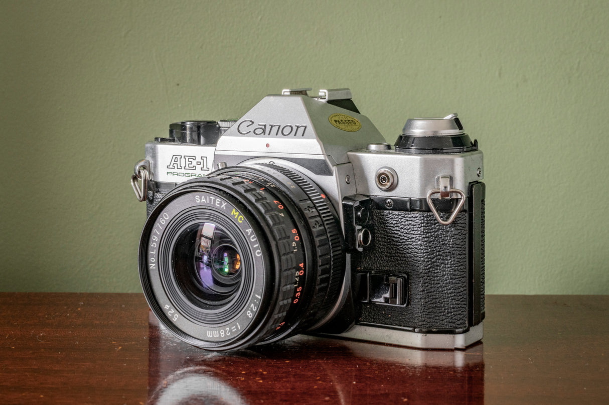 Canon AE1 Program 35mm SLR Film Camera + Boxed Saitex MC Auto 28mm F2.8 Lens