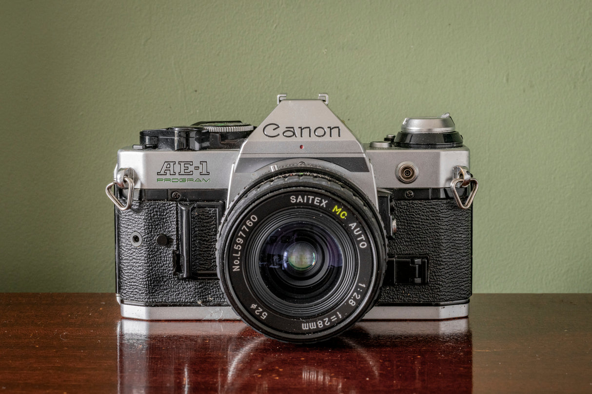 Canon AE1 Program 35mm SLR Film Camera + Boxed Saitex MC Auto 28mm F2.8 Lens