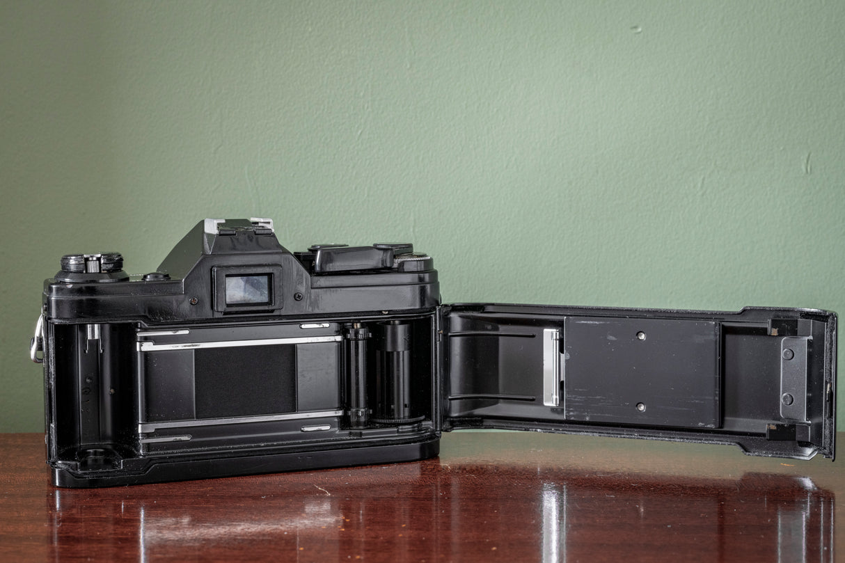 RARE Black Canon AE1 35mm SLR Film Camera + Canon 28mm F3.5 FD Lens