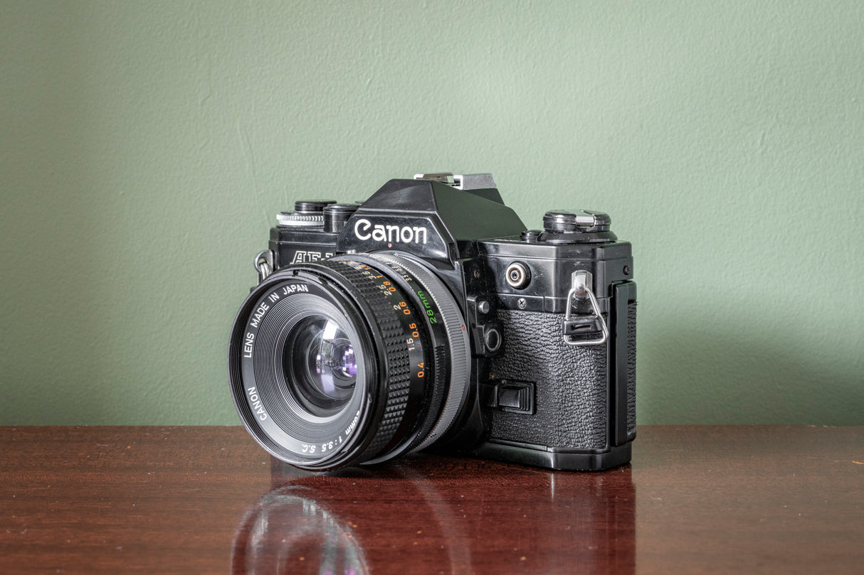 RARE Black Canon AE1 35mm SLR Film Camera + Canon 28mm F3.5 FD Lens