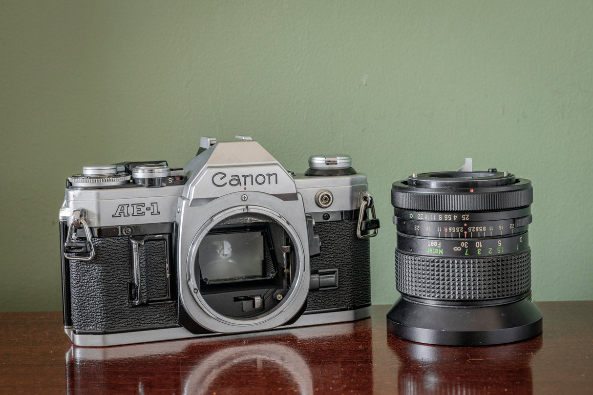 Canon AE1 35mm SLR Film Camera with Vivitar Auto Wide 28mm F2.5 Lens + Vivitar 70-210 F3.5 Lens