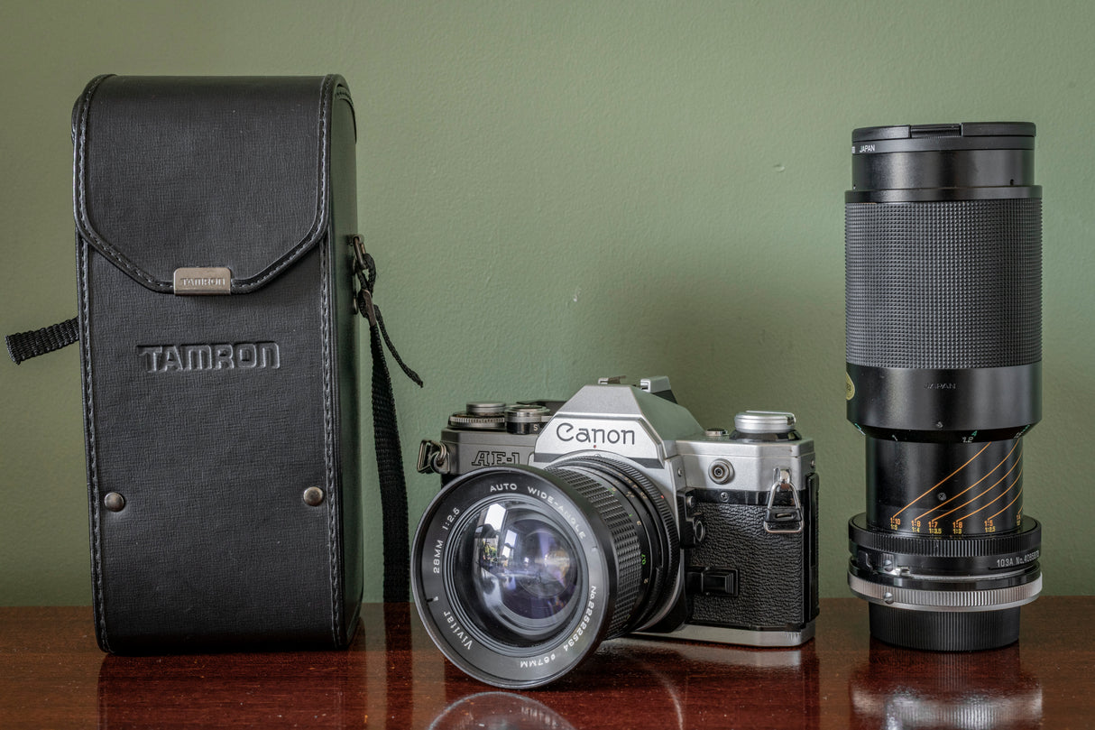 Canon AE1 35mm SLR Film Camera with Vivitar Auto Wide 28mm F2.5 Lens + Vivitar 70-210 F3.5 Lens