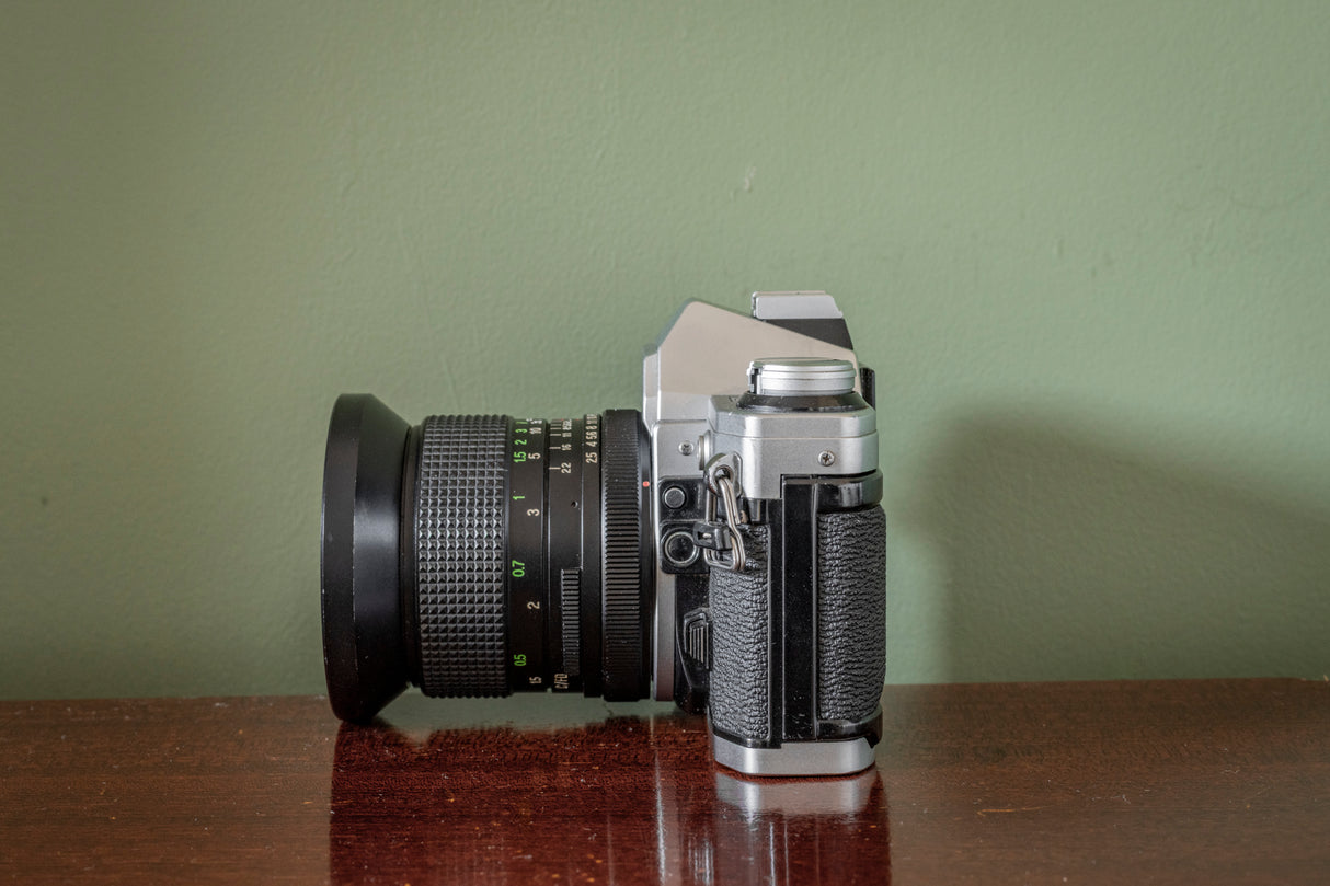 Canon AE1 35mm SLR Film Camera with Vivitar Auto Wide 28mm F2.5 Lens + Vivitar 70-210 F3.5 Lens