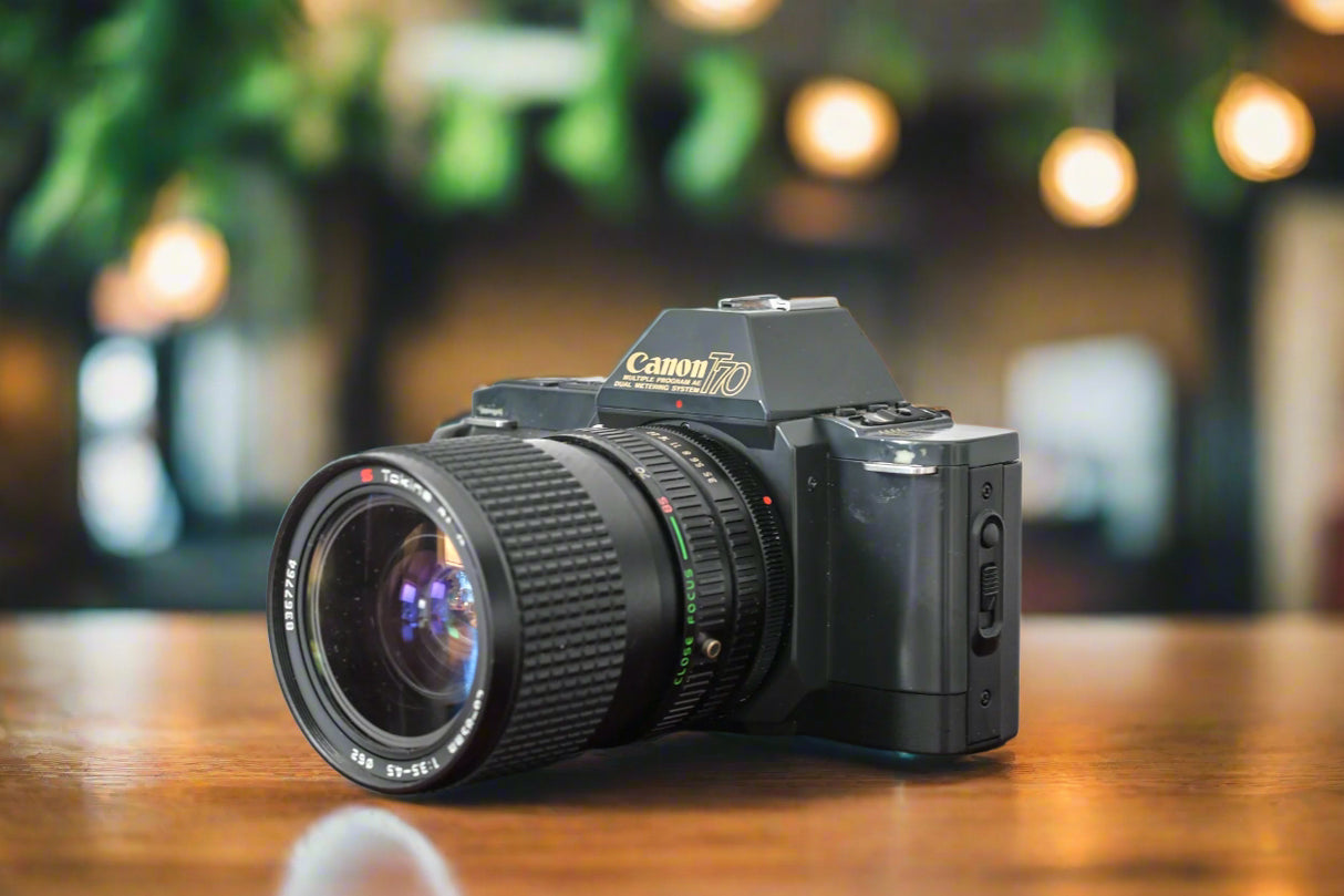 1980s Canon T70 35mm SLR Film Camera with Tokina 28-85mm Zoom Lens