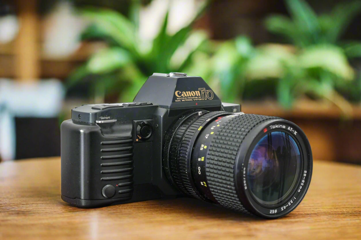 1980s Canon T70 35mm SLR Film Camera with Tokina 28-85mm Zoom Lens