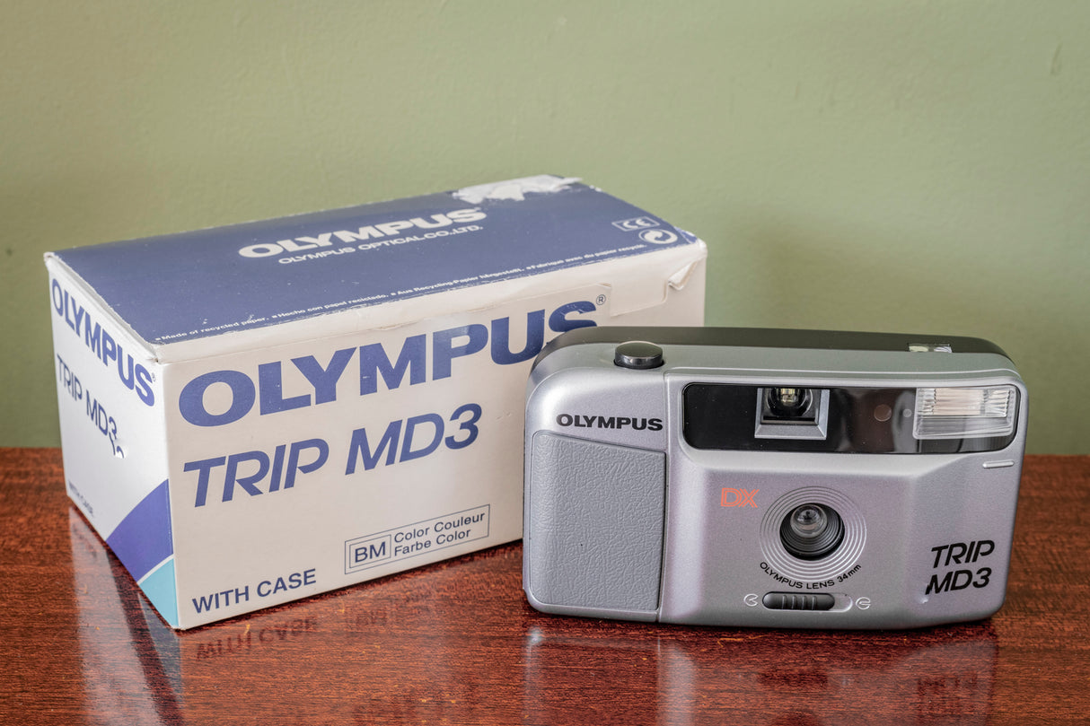 ( EX Display ) Like New Boxed Olympus Trip MD3 35mm Point and Shoot Film Camera - Silver
