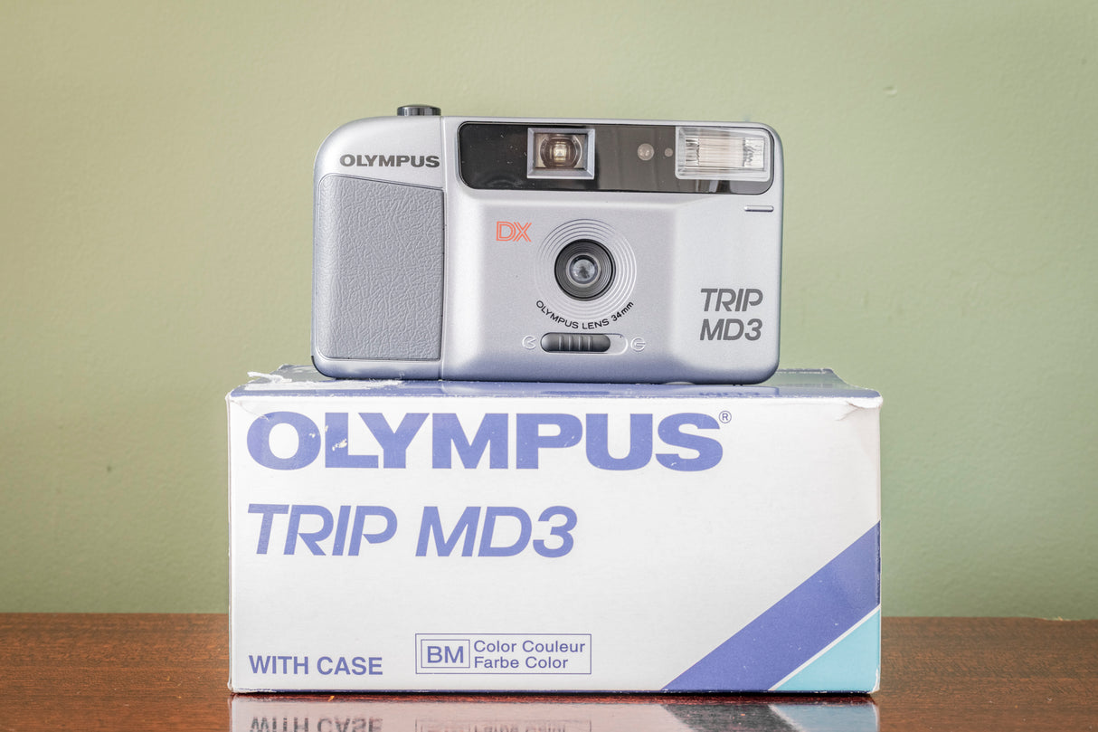 ( EX Display ) Like New Boxed Olympus Trip MD3 35mm Point and Shoot Film Camera - Silver