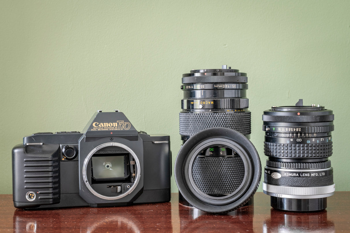 MINT 1980s Canon T70 35m SLR Film Camera BUNDLE with 2 Lenses!