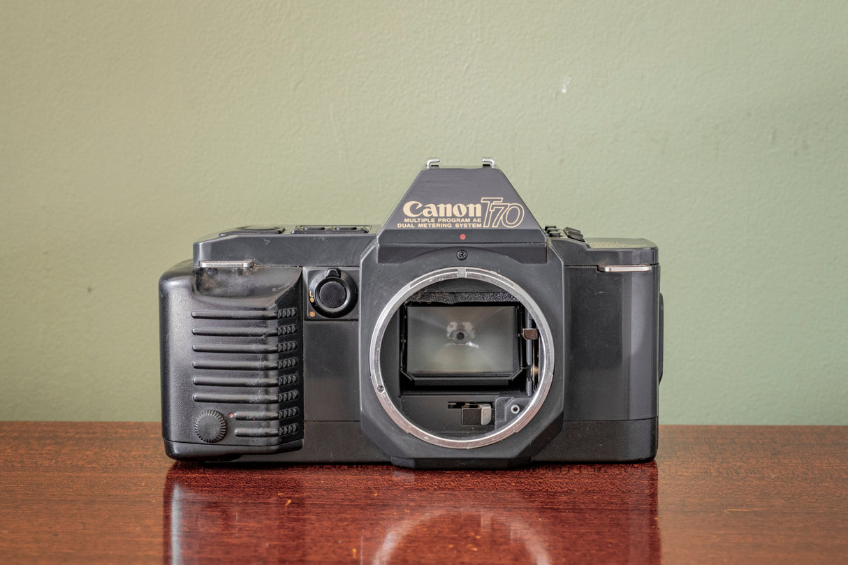 Lovely 1980s Canon T70 35mm SLR Film Camera + Canon 50mm F1.8 Lens + Canon 244T Flash