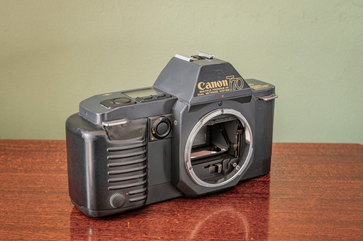 Lovely 1980s Canon T70 35mm SLR Film Camera + Canon 50mm F1.8 Lens + Canon 244T Flash