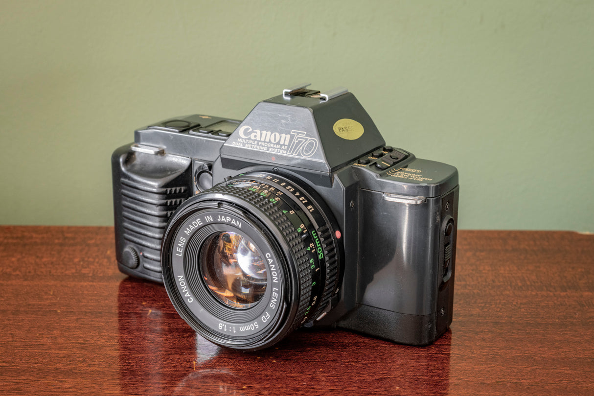 Lovely 1980s Canon T70 35mm SLR Film Camera + Canon 50mm F1.8 Lens + Canon 244T Flash
