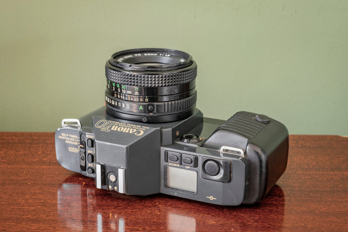 Lovely 1980s Canon T70 35mm SLR Film Camera + Canon 50mm F1.8 Lens + Canon 244T Flash