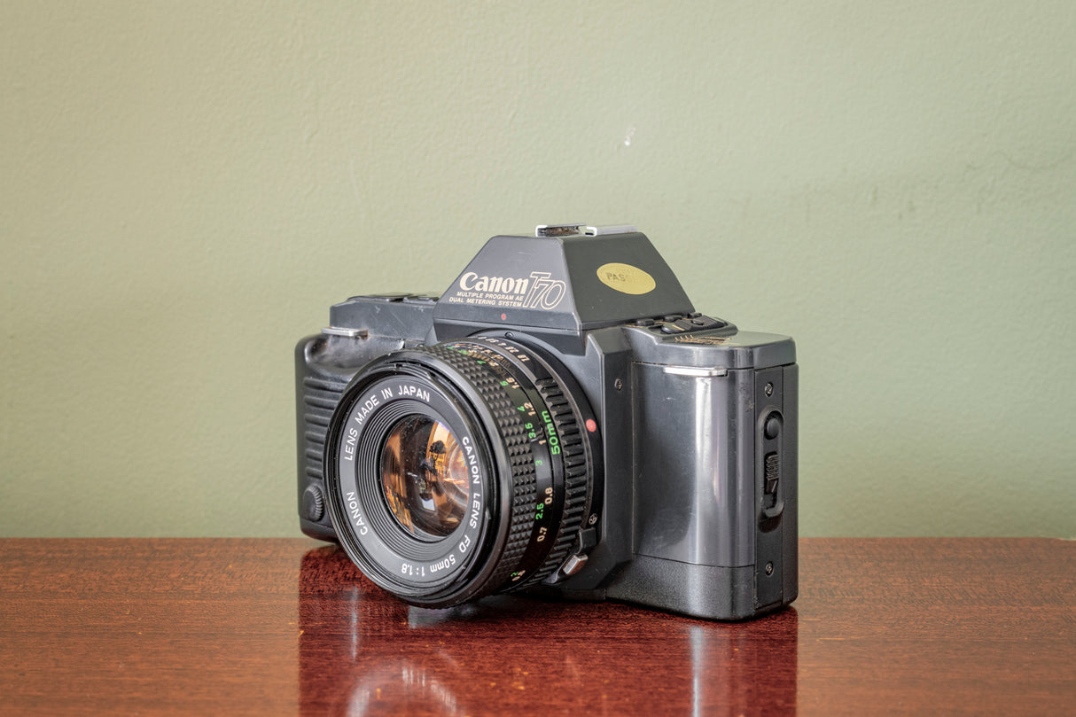 Lovely 1980s Canon T70 35mm SLR Film Camera + Canon 50mm F1.8 Lens + Canon 244T Flash