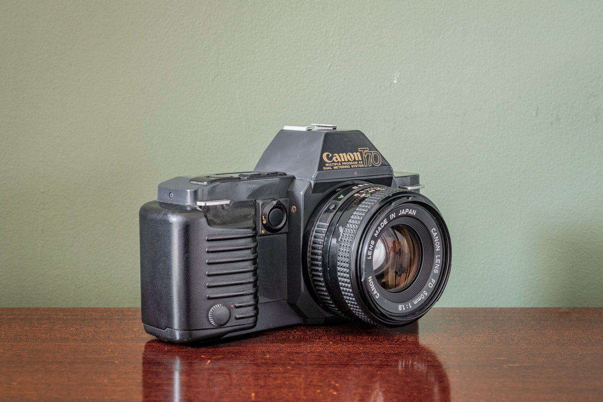 Lovely 1980s Canon T70 35mm SLR Film Camera + Canon 50mm F1.8 Lens + Canon 244T Flash