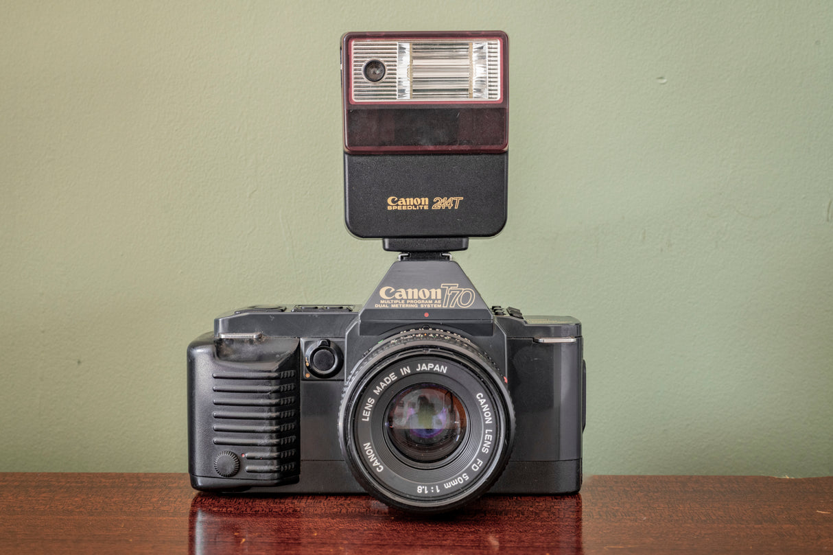 Lovely 1980s Canon T70 35mm SLR Film Camera + Canon 50mm F1.8 Lens + Canon 244T Flash