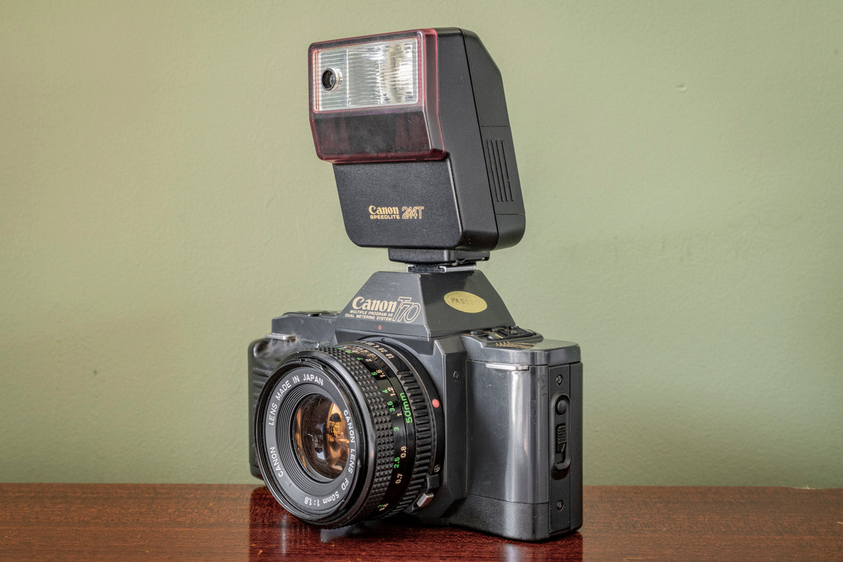 Lovely 1980s Canon T70 35mm SLR Film Camera + Canon 50mm F1.8 Lens + Canon 244T Flash
