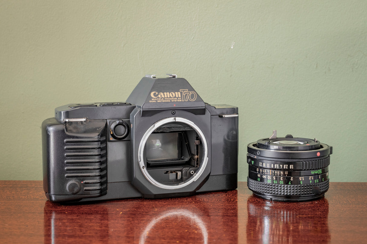 Lovely 1980s Canon T70 35mm SLR Film Camera + Canon 50mm F1.8 Lens + Canon 244T Flash