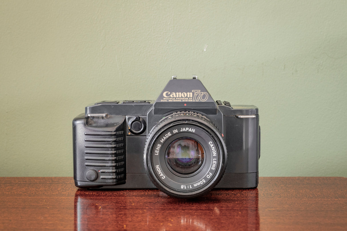 Lovely 1980s Canon T70 35mm SLR Film Camera + Canon 50mm F1.8 Lens + Canon 244T Flash