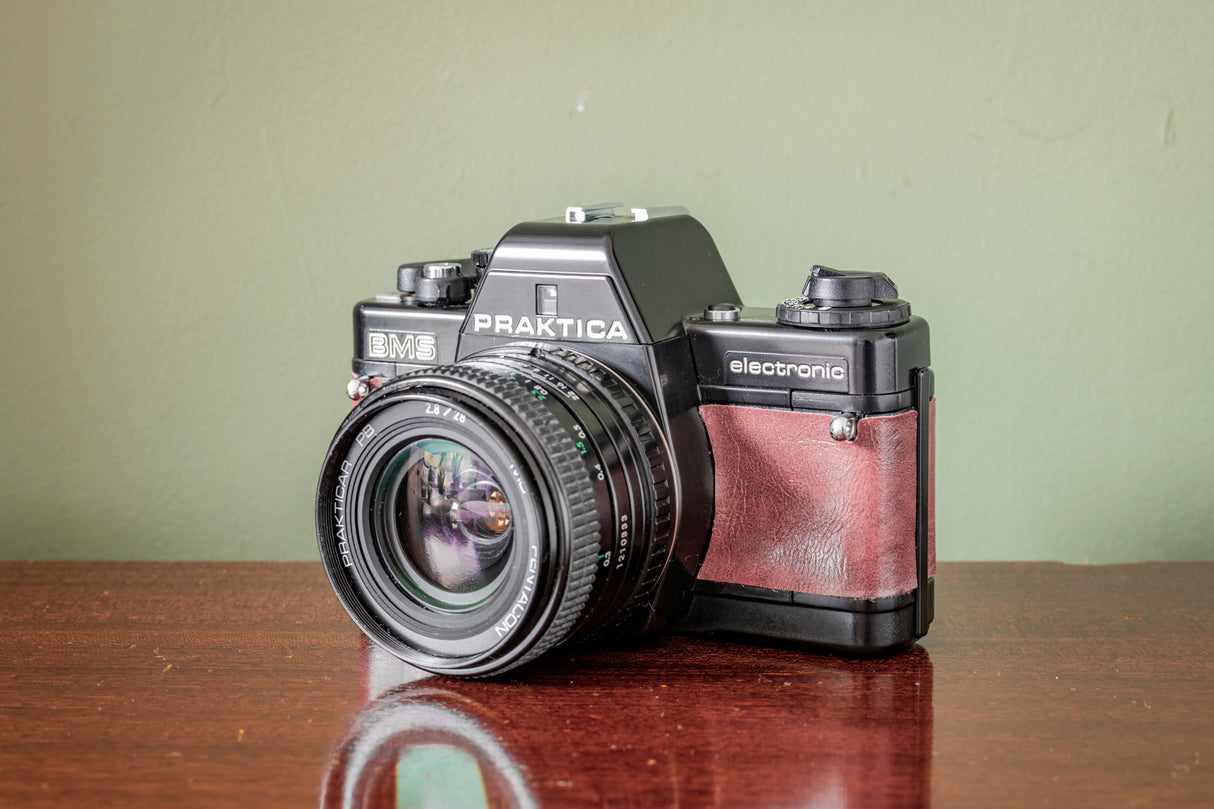 Gorgeous Praktica BMS 35mm Film Camera + Practicar 28mm F2.8 Lens ( Red Leatherette )