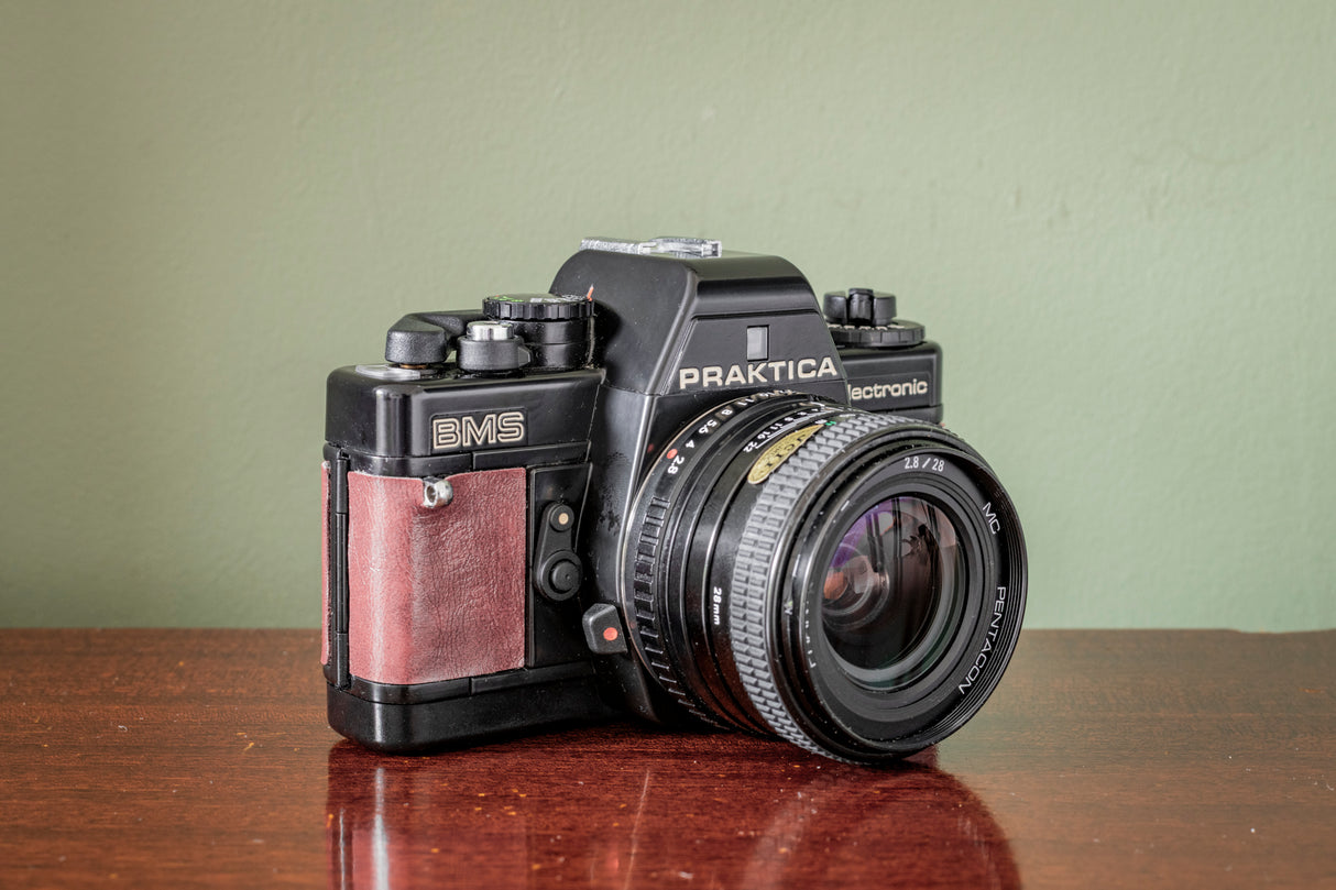 Gorgeous Praktica BMS 35mm Film Camera + Practicar 28mm F2.8 Lens ( Red Leatherette )