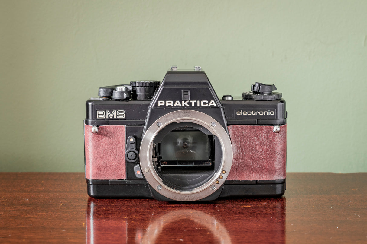 Gorgeous Praktica BMS 35mm Film Camera + Practicar 28mm F2.8 Lens ( Red Leatherette )