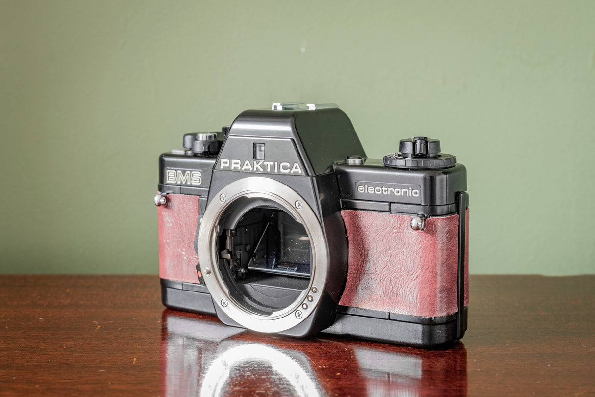Gorgeous Praktica BMS 35mm Film Camera + Practicar 28mm F2.8 Lens ( Red Leatherette )