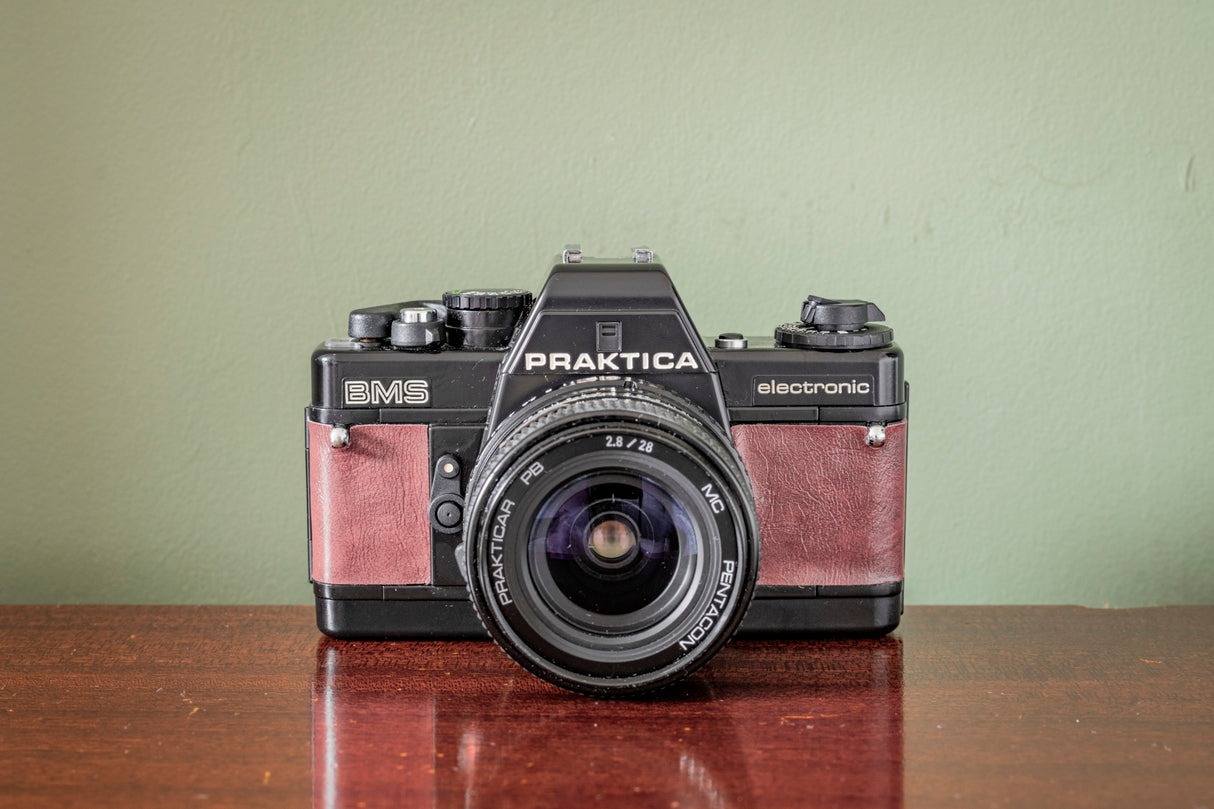 Gorgeous Praktica BMS 35mm Film Camera + Practicar 28mm F2.8 Lens ( Red Leatherette )