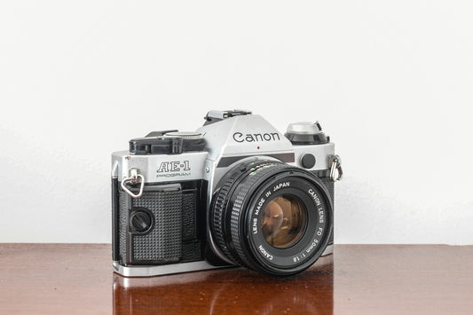 Stunning Canon AE1 Program 35mm SLR Film Camera + 50mm Canon FD F1.8 Lens